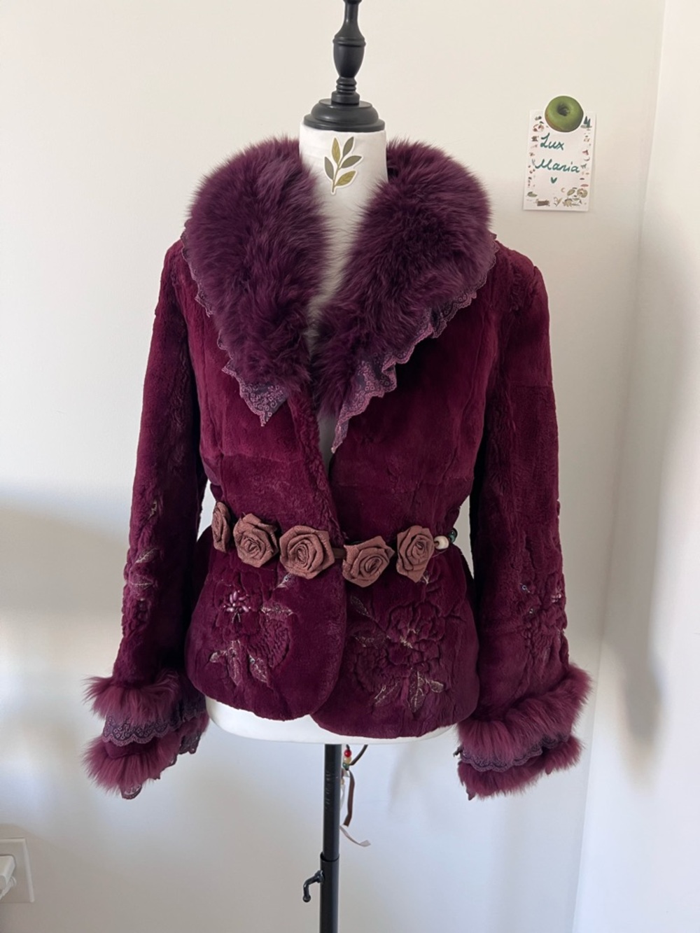 Vintage Purple Real Rabbit Fur Jacket w Fox Collar & Rose Belt Embroidered M